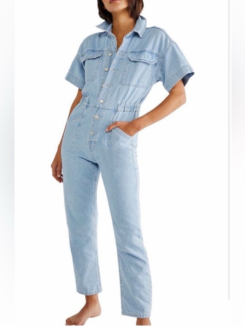 Free People Light Blue Denim Jumpsuit